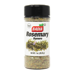Badia rosemary leaves in a 1 oz jar delivering piney aroma for roasting and seasoning.