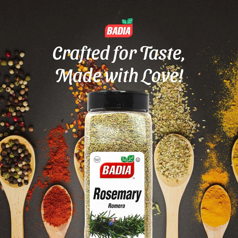 Badia rosemary leaves in glass bottle with label for easy seasoning.