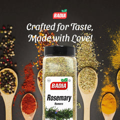 Badia rosemary leaves in glass bottle with label for easy seasoning.