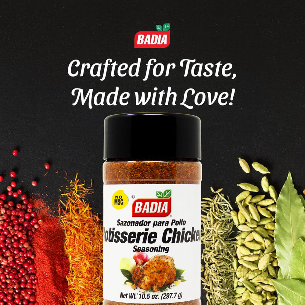 Badia Rotisserie Chicken Seasoning dispenser jar for even coating on poultry