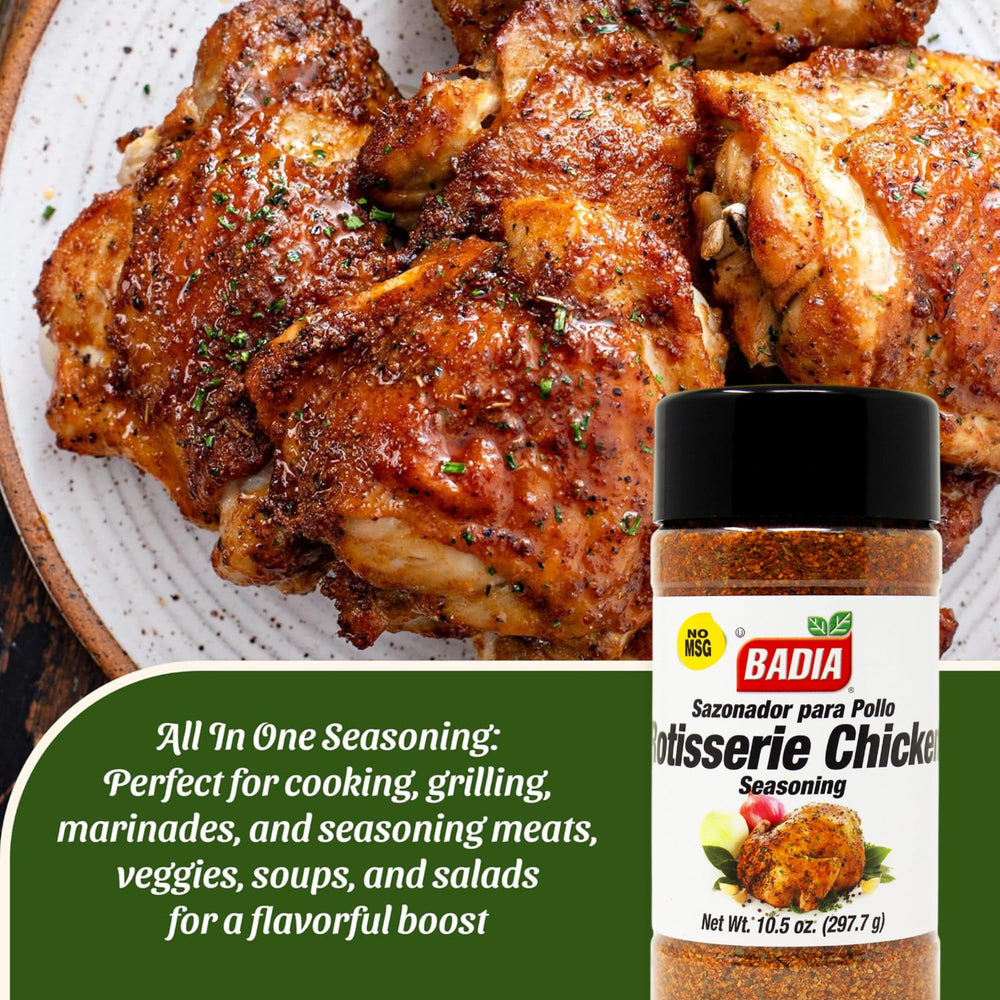 Badia Rotisserie Chicken Seasoning on a golden roasted chicken