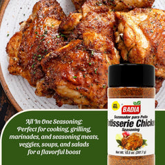 Badia Rotisserie Chicken Seasoning on a golden roasted chicken