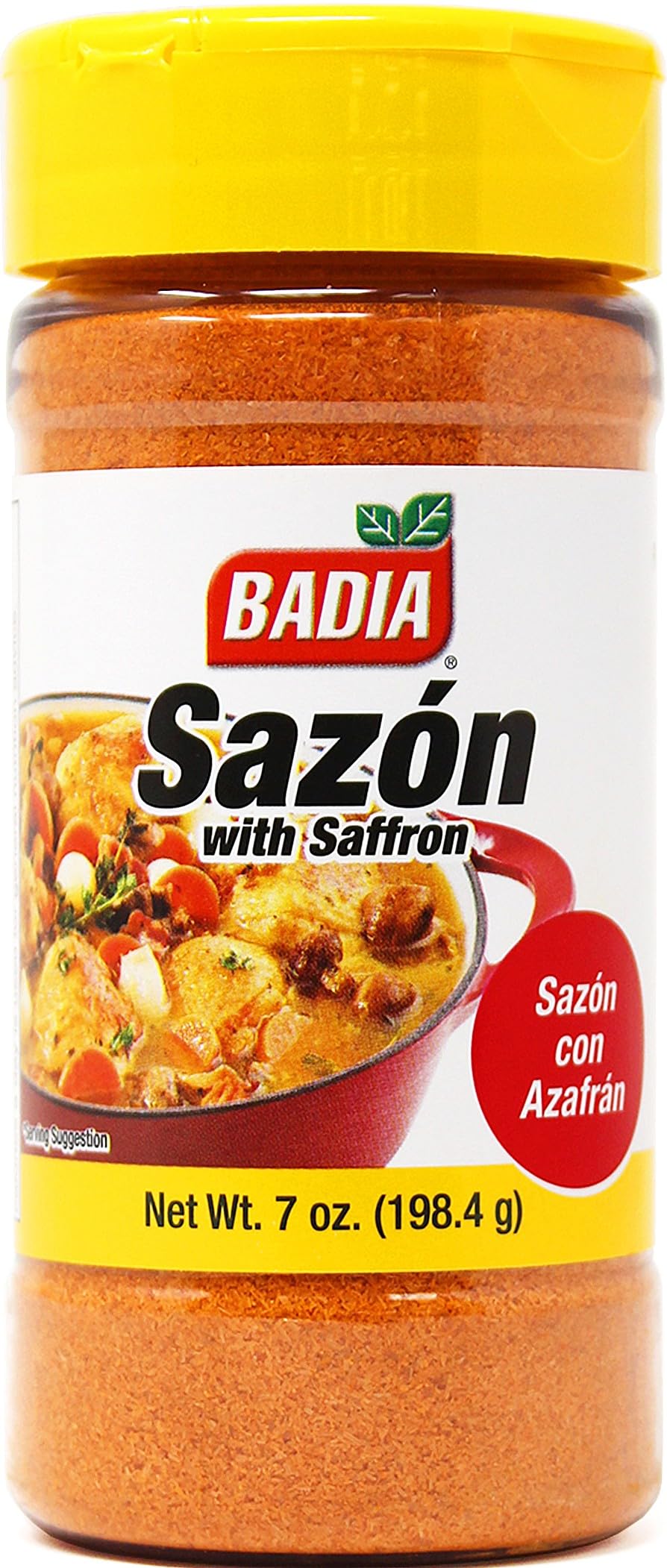 Badia Sazon with Saffron bottle pour enhances aromatic yellow rice flavor