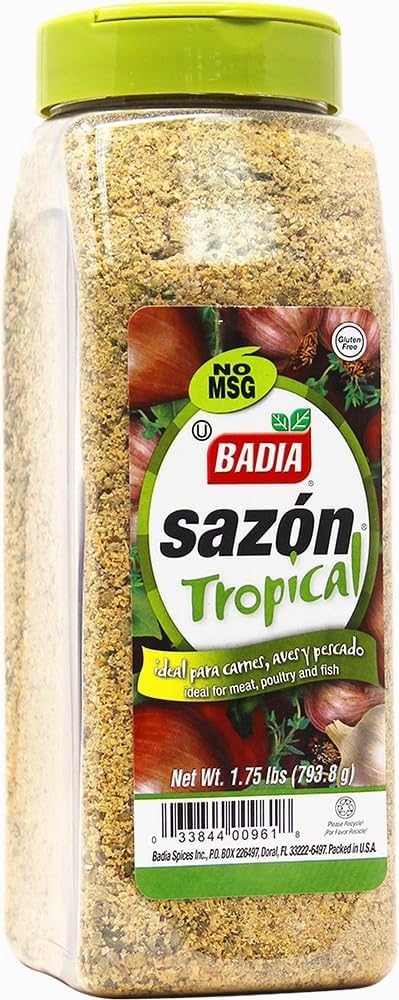 Badia Sazón Tropical bottle pouring for grilled meats with Latin flavor