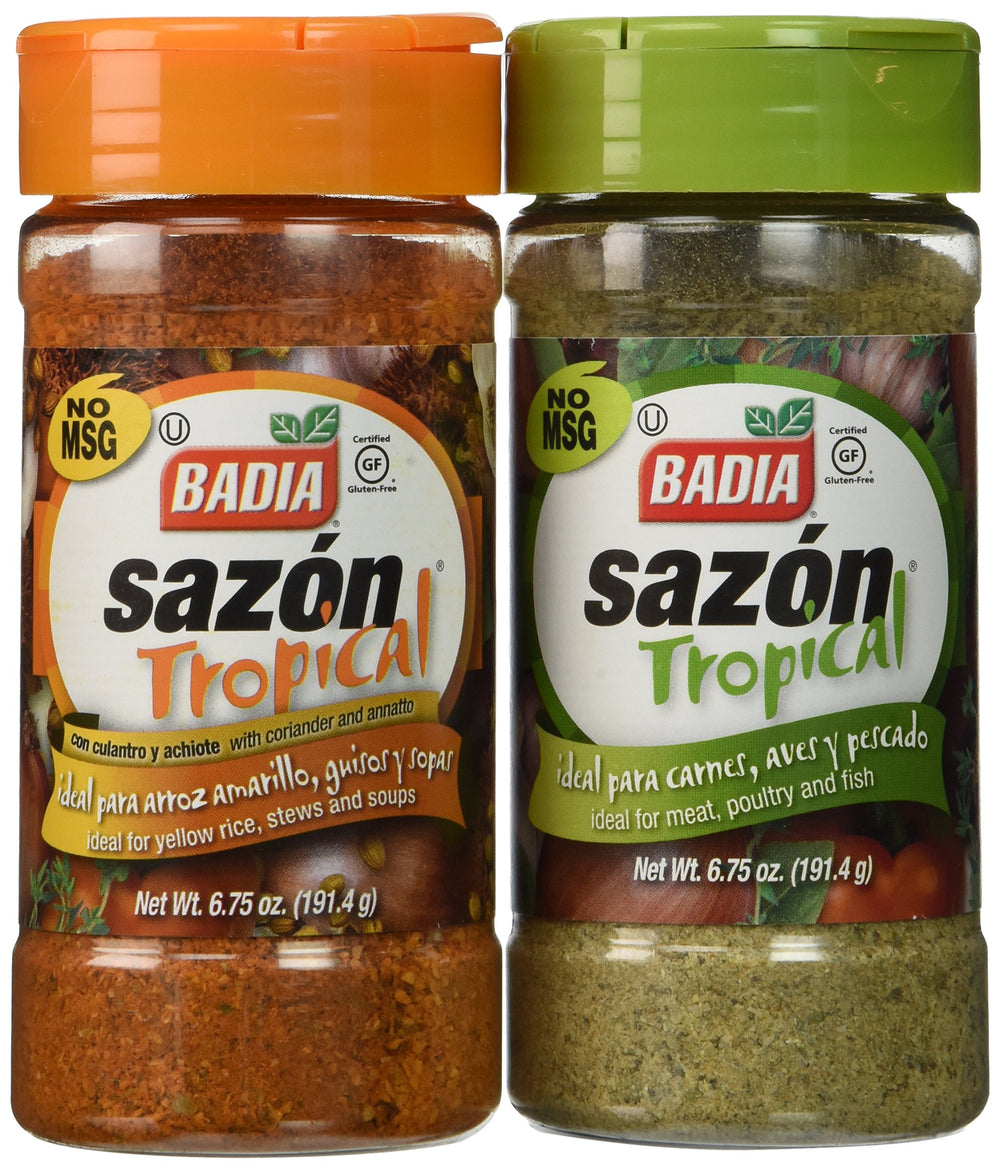 Badia Sazon Tropical bottle front enhances color and aroma for rice, beans, and meats.