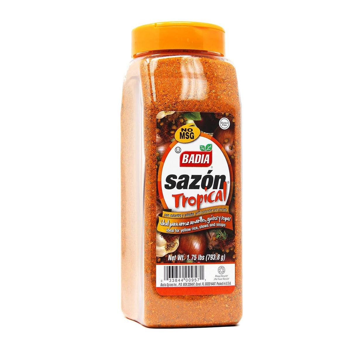 Badia Sazón Tropical bottle pouring over poultry for vibrant flavor and color.