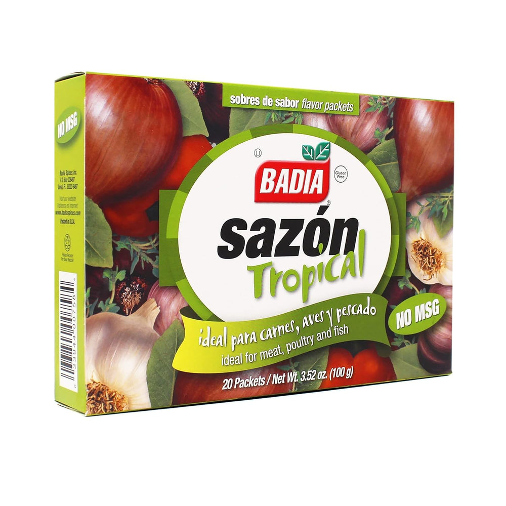 Badia Sazon Tropical jar front, ready to enhance tropical flavor.