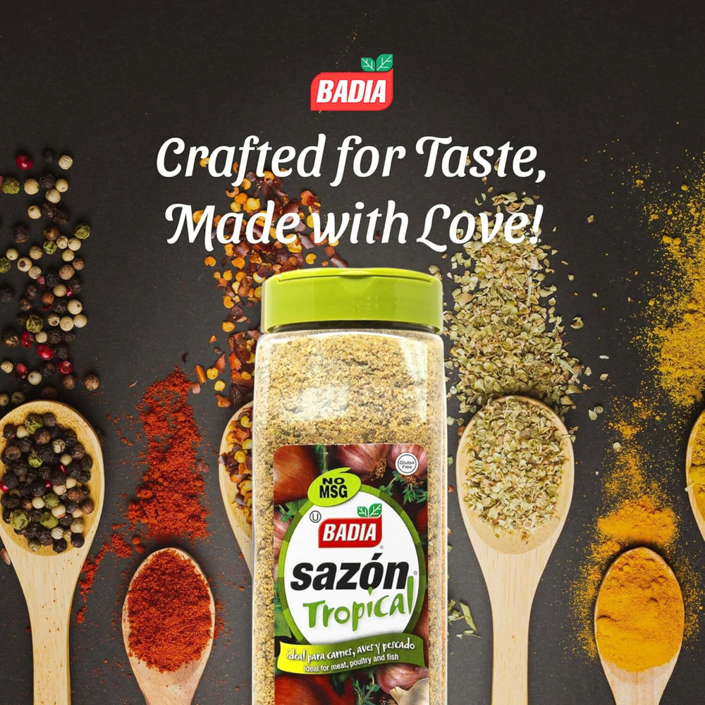 Closeup of Badia Sazón Tropical spices showing zesty blend for seafood