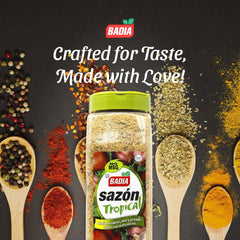 Closeup of Badia Sazón Tropical spices showing zesty blend for seafood