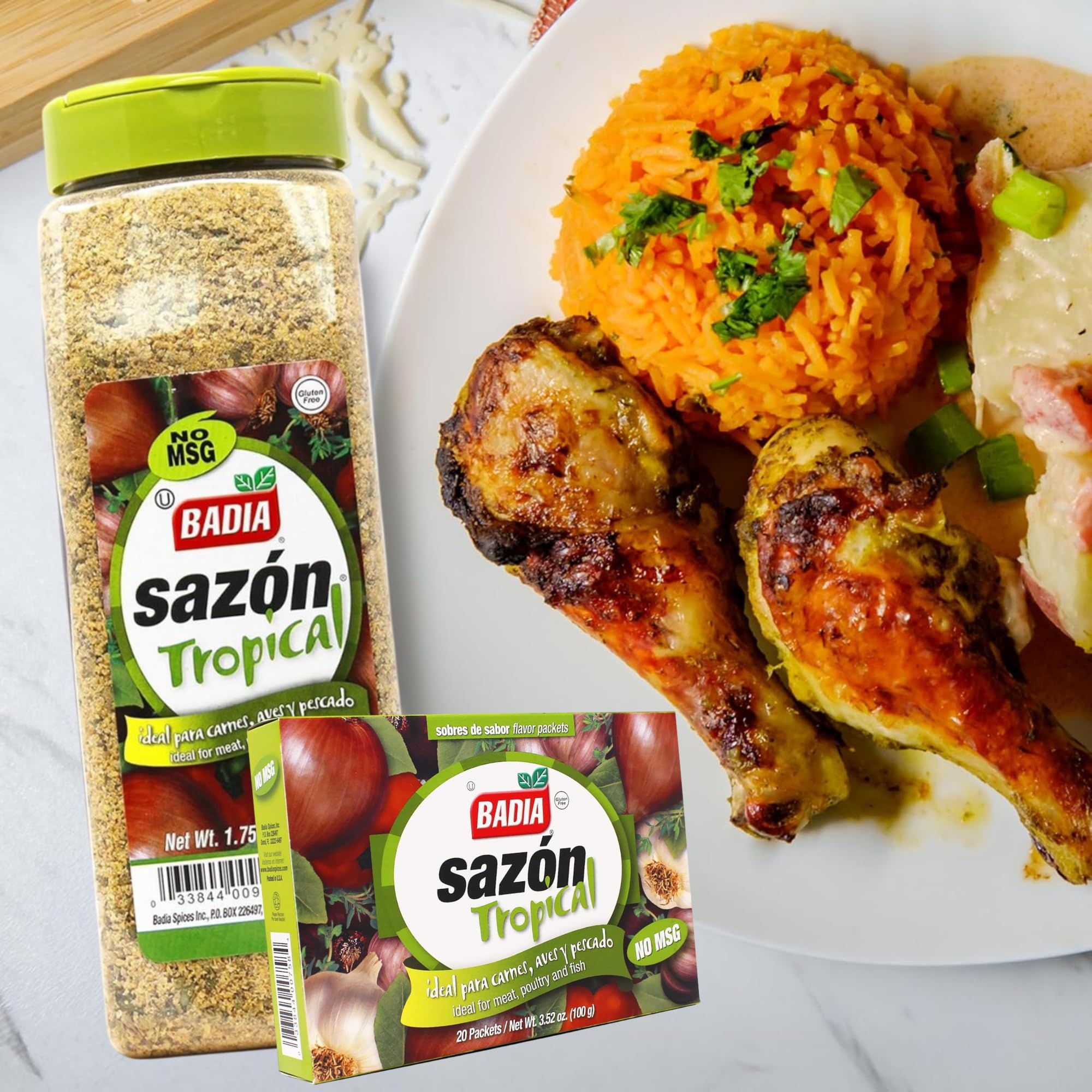 Badia Sazon Tropical spice shelf—ideal pantry staple for quick tropical flavor.