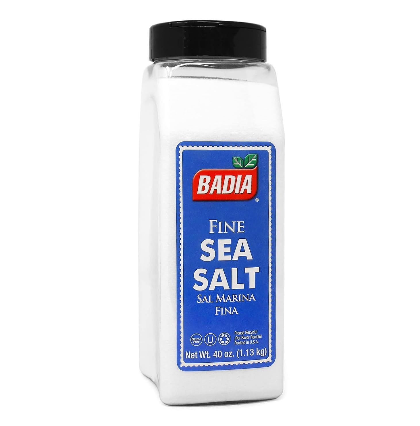 Badia Sea Salt fine-ground 40oz container provides clean, versatile seasoning for meals.