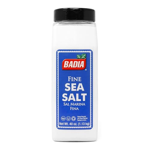Badia Sea Salt shaker pour illustrates easy, even distribution during cooking.