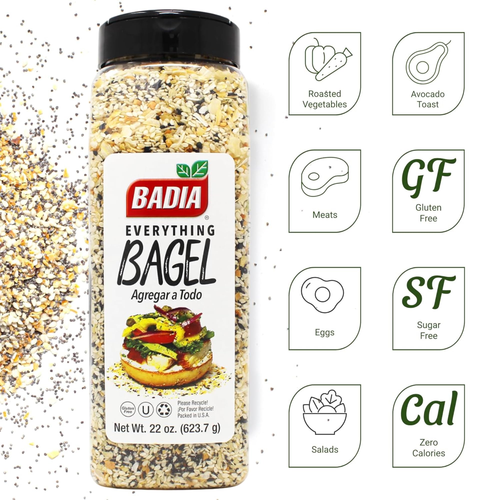 Badia Everything Bagel Seasoning close-up of seeds and spices for enhancing dishes.