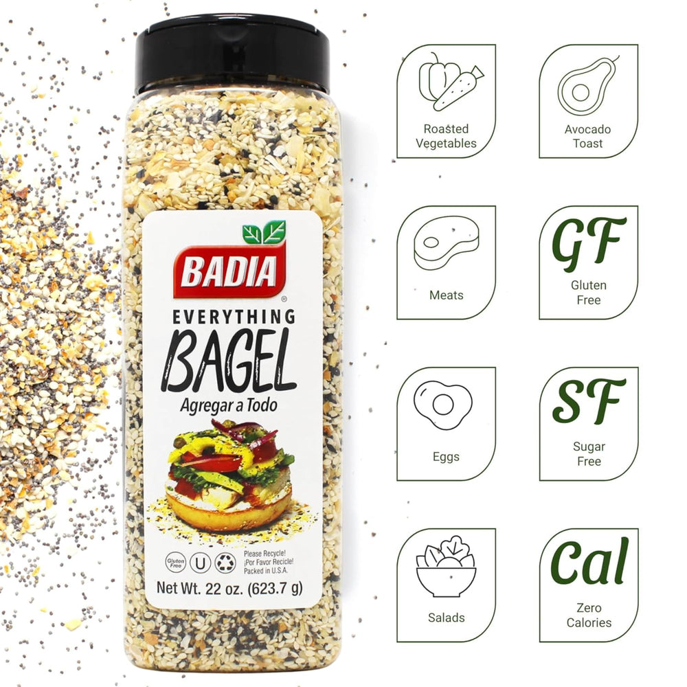 Badia Everything Bagel Seasoning close-up of seeds and spices for enhancing dishes.