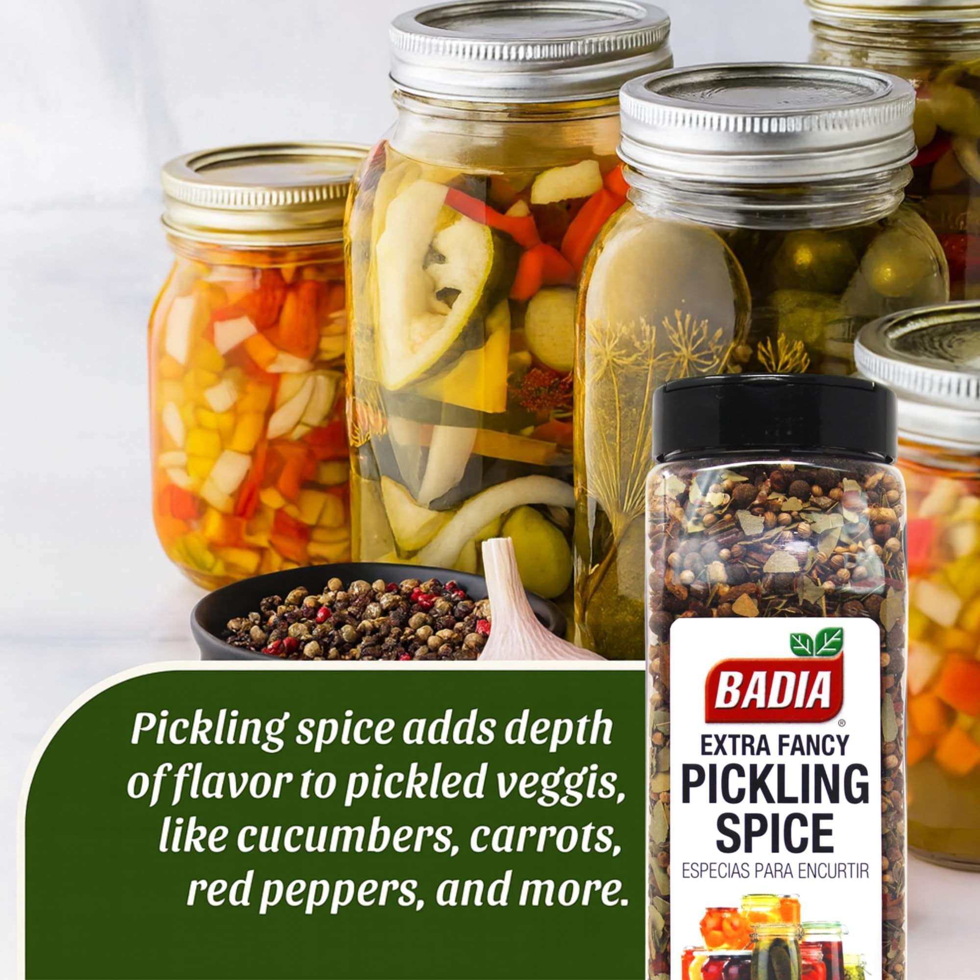 Top view Badia spice blend bottle highlighting premium flavor.