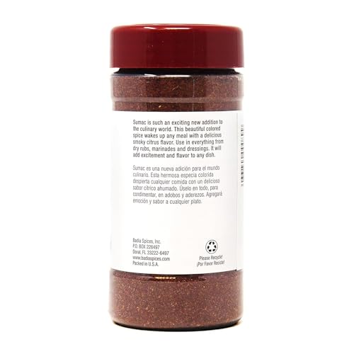 Close-up of Badia Sumac Spice ground powder showing vibrant color for Mediterranean dishes
