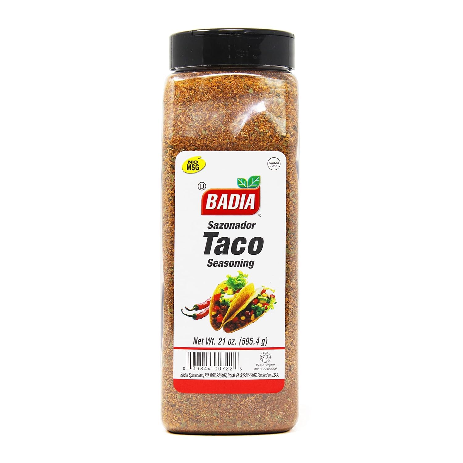 Badia Taco Seasoning jar top view ready to boost taco flavor at home.