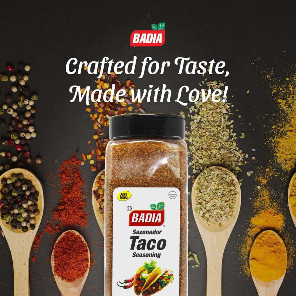 Badia Taco Seasoning label close-up highlights authentic spice blend.