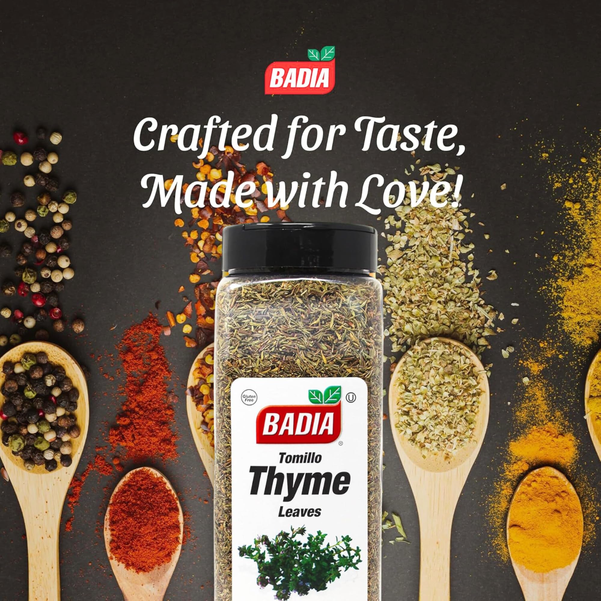 Badia thyme leaves on roasted meat showing savory enhancement possibilities.