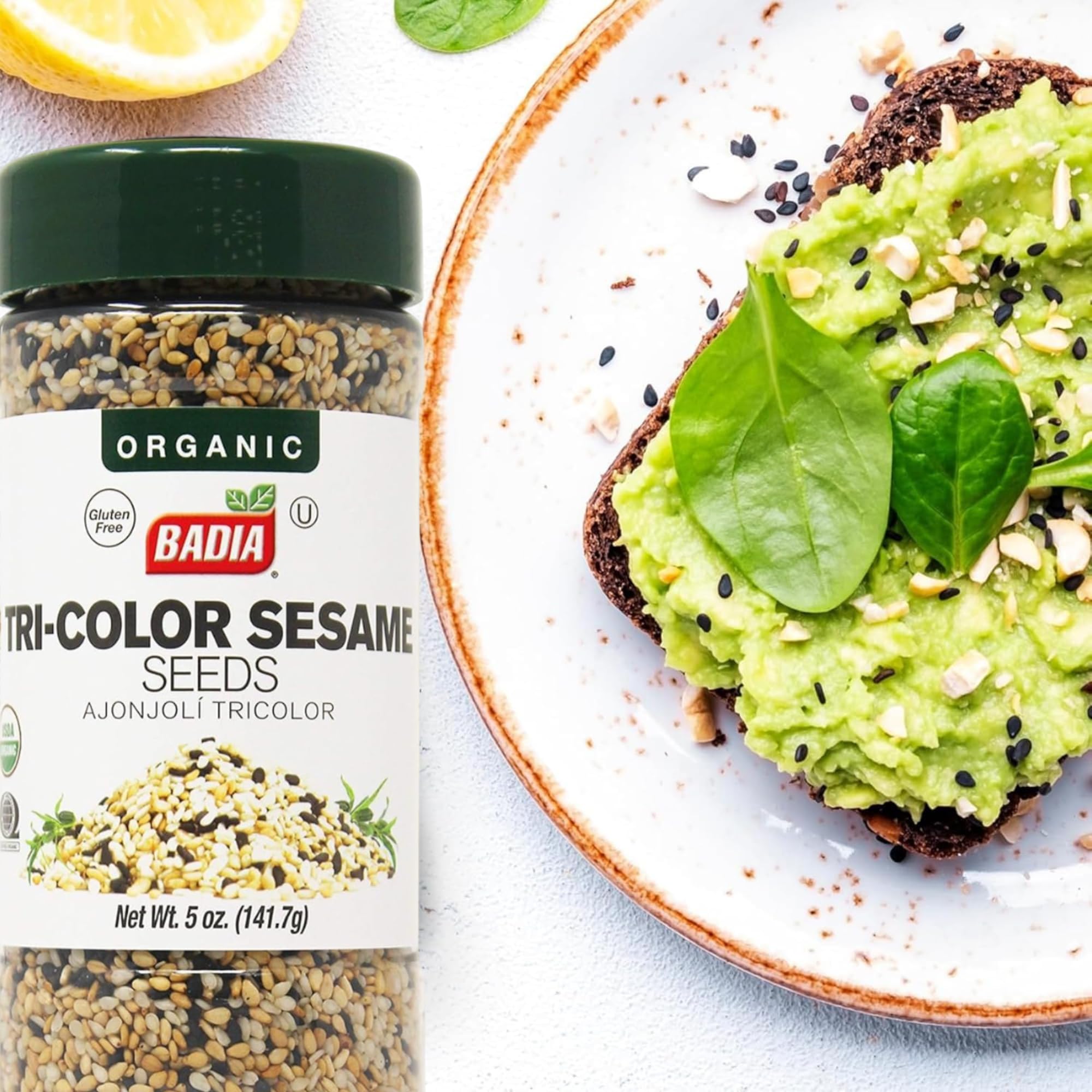Badia Organic Tri-Color Sesame Seeds on bread—versatile garnish for bagels and avocado toast.