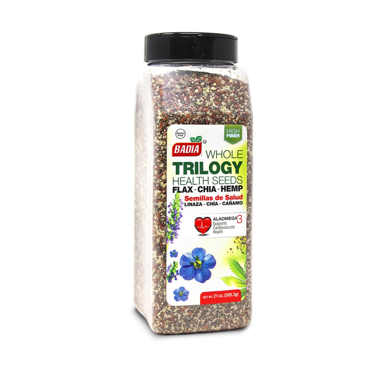 Badia Trilogy Health Seed blend in a bowl, high-fiber crunch for breakfast