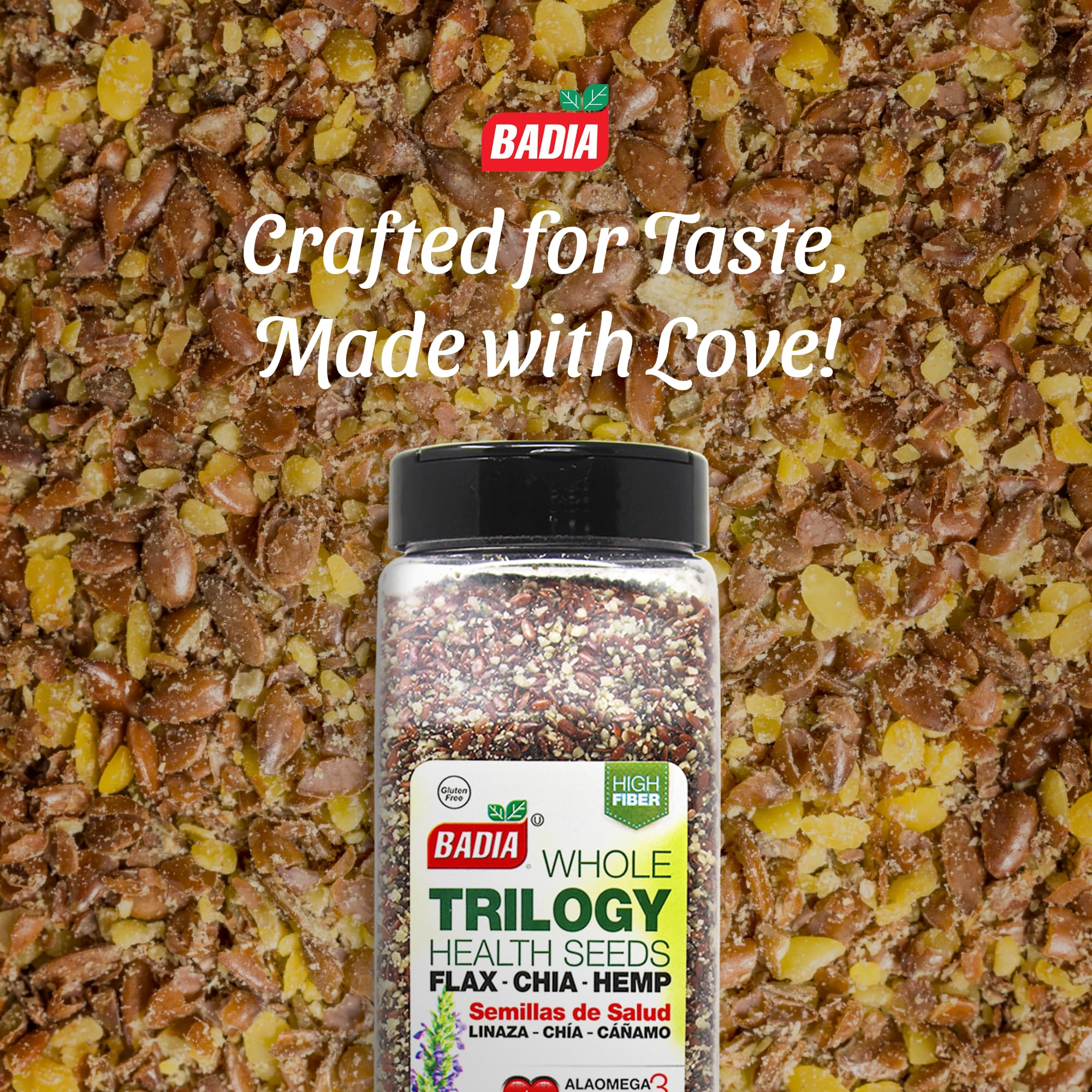 Badia Trilogy Health Seed blend sprinkled on oats, adds texture