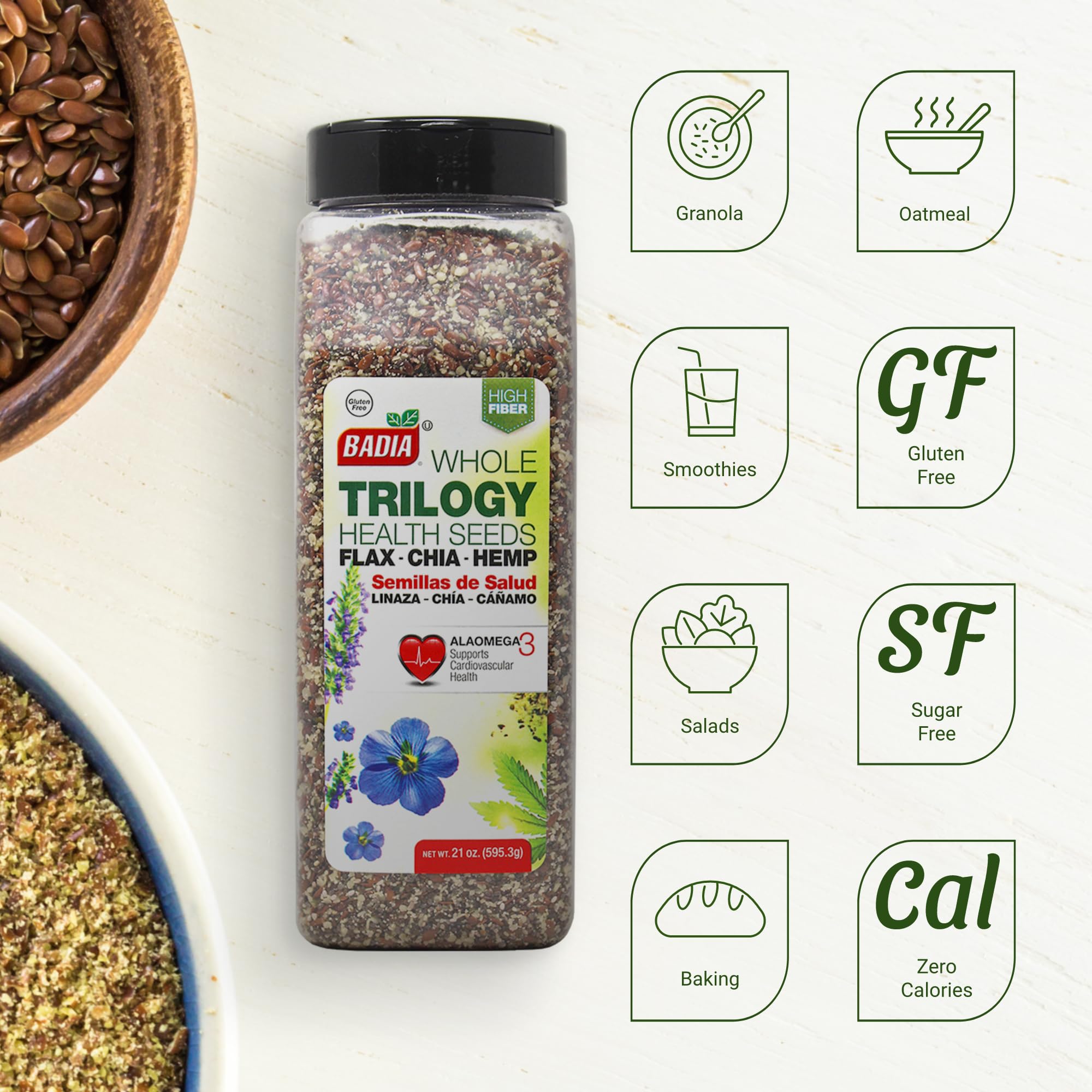 Badia packaging for Trilogy Health Seed blend, non-GMO and additive-free