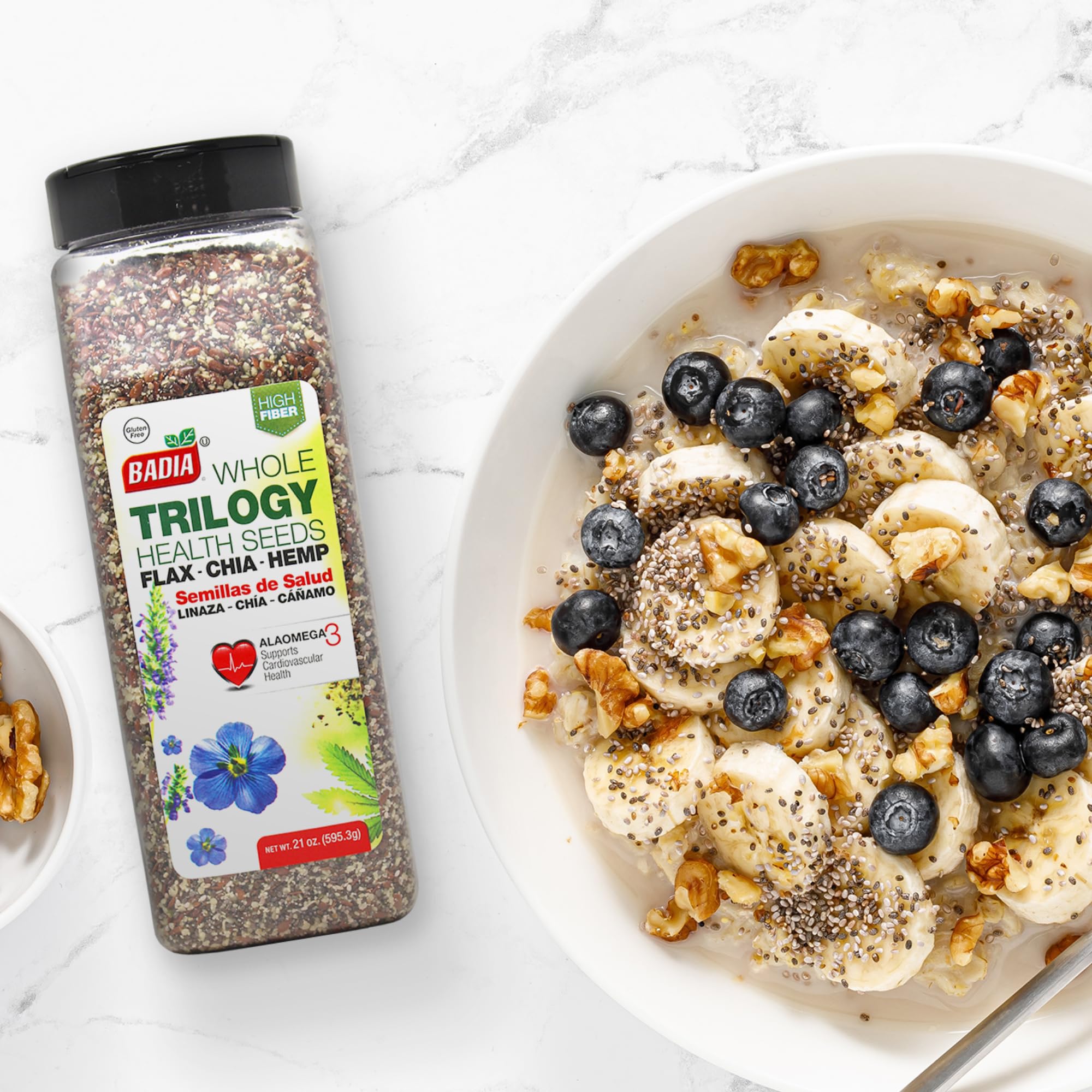 Badia Trilogy Health Seed blend in smoothie, rich in omega-3 and protein