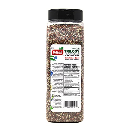 Badia Trilogy Health Seed blend with spoon, perfect yogurt topping