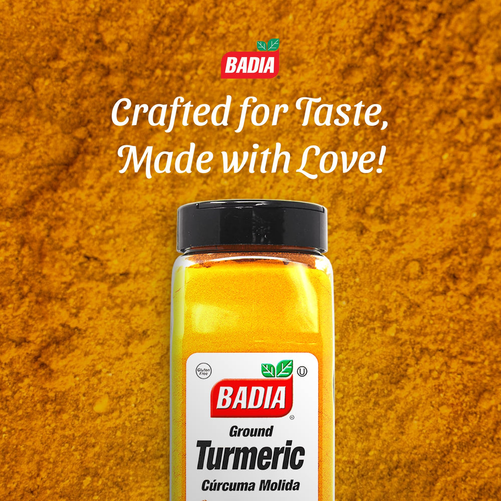 Badia turmeric powder on spice shelf as versatile pantry staple.