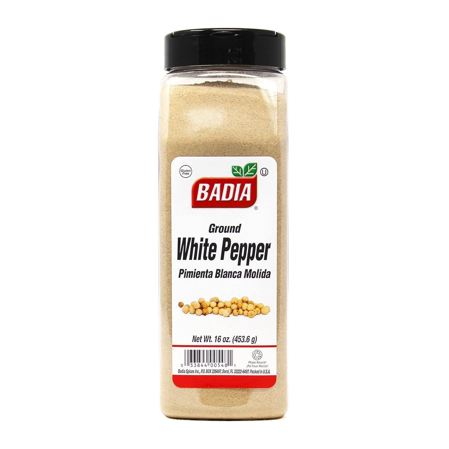 Badia ground white pepper bottle showing 16 oz size for light sauces