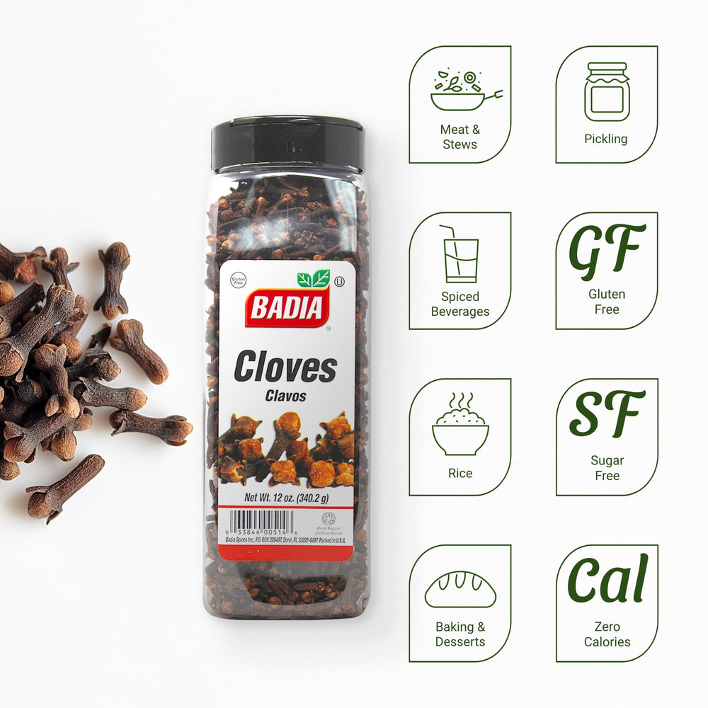Badia whole cloves label view showing authenticity for curry and beverages.