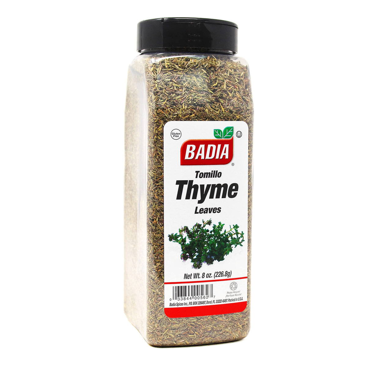 Badia whole thyme leaves in a glass jar, ideal for versatile cooking and seasoning.