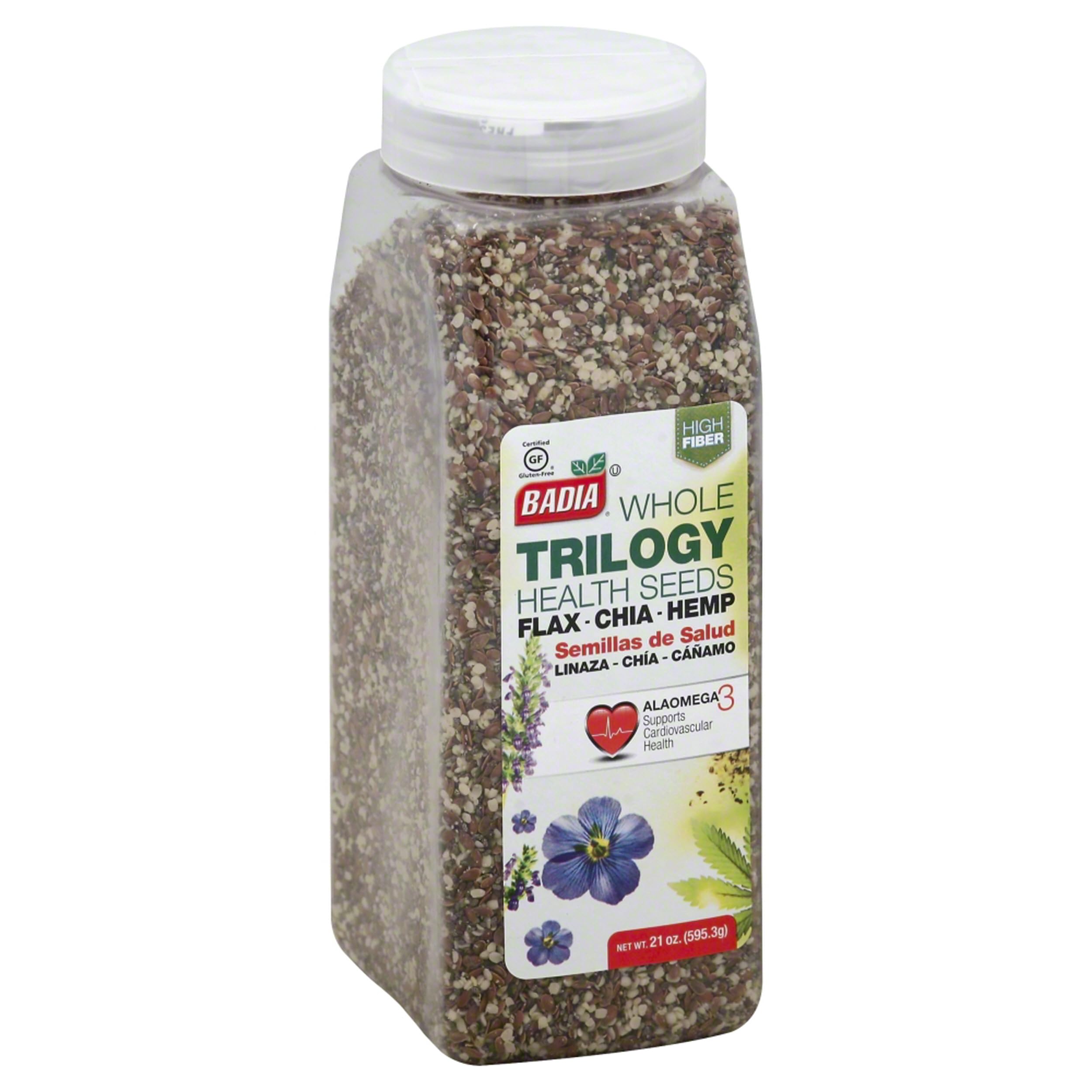 Badia Whole Trilogy Health Seeds packaging; gluten-free triple-seed blend for everyday meals.