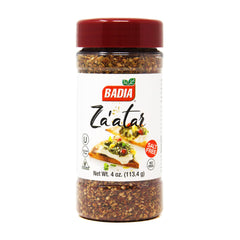 Badia zaatar seasoning jar on a kitchen counter ready to flavor Mediterranean dishes.