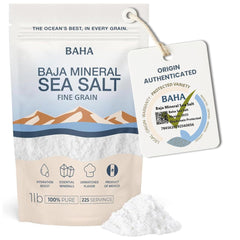 BAHA Sea Salt fine-grain bottle pour for finishing and even seasoning.