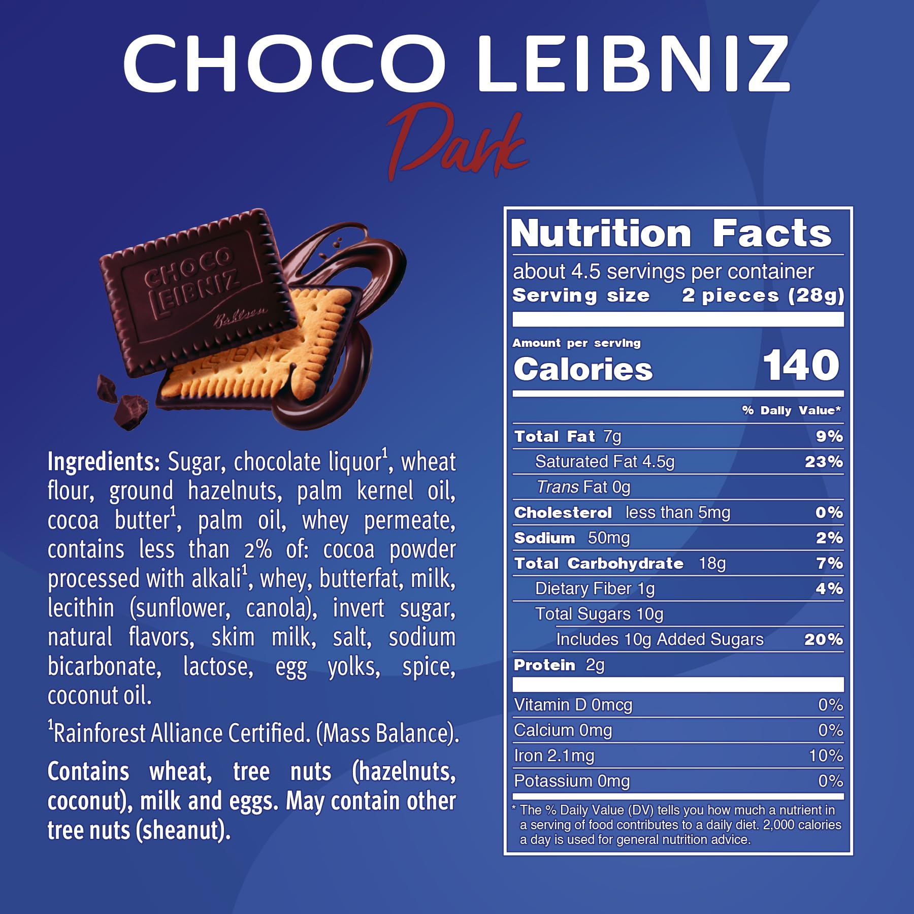 Bahlsen Choco Leibniz dark cookie butter biscuit base, crisp texture for a satisfying bite.