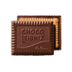 Close-up of Bahlsen Choco Leibniz dark cookie chocolate layer, rich and inviting.