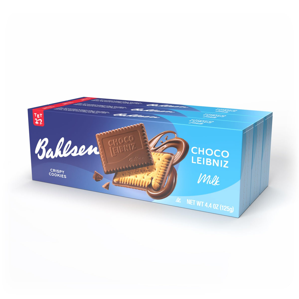 Bahlsen Choco Leibniz Milk Cookies packaging featuring three boxes for gifting.