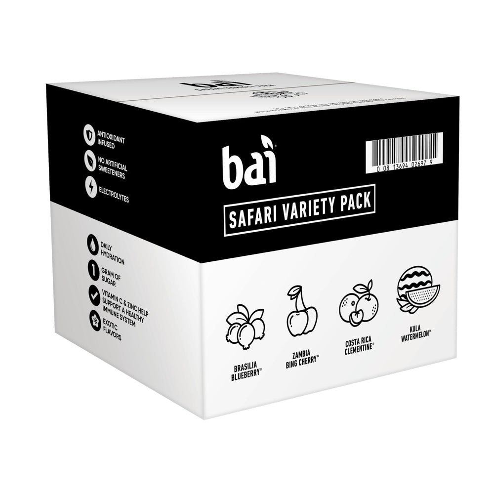 Bai 18oz bottle label highlights 1 g sugar and 10 calories.