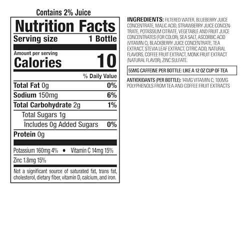 Bai Brasilia Blueberry label closeup showing Vitamin C and zinc.