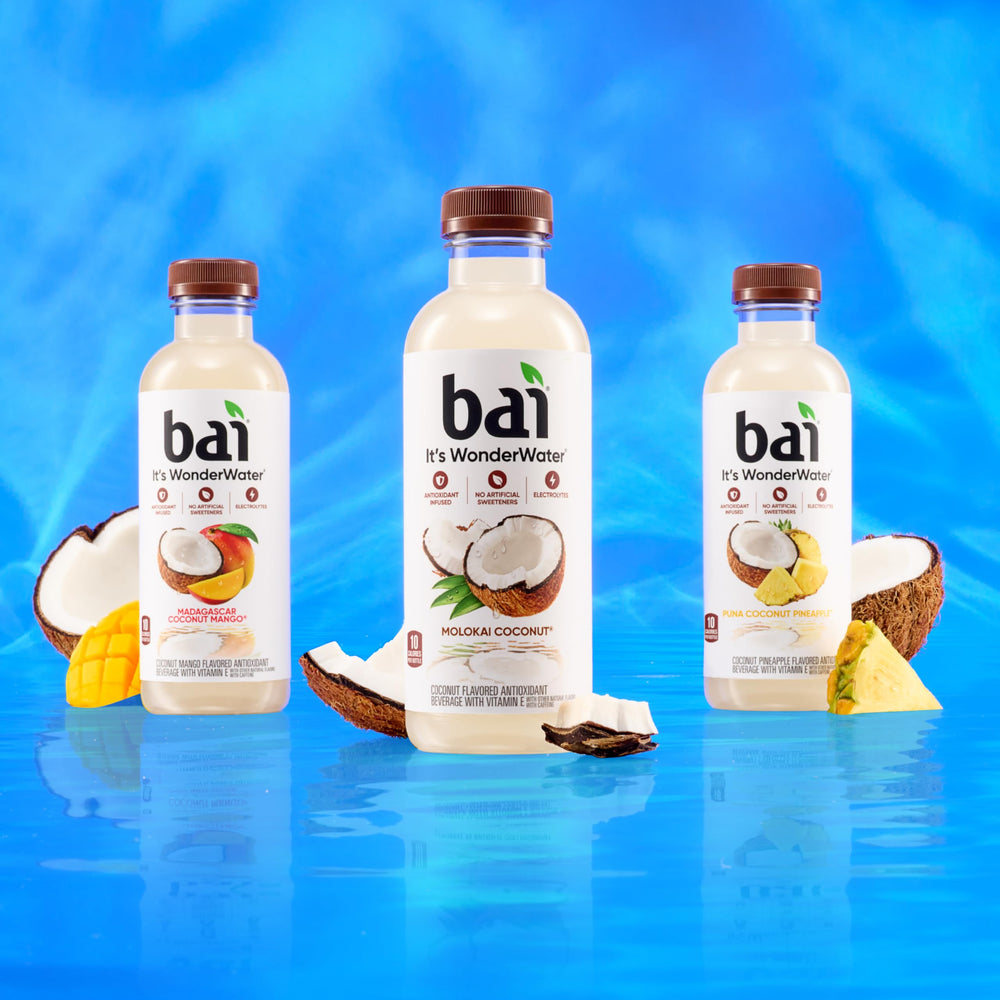 Bai eco-packaging emphasizes 100% recycled plastic (cap excluded).