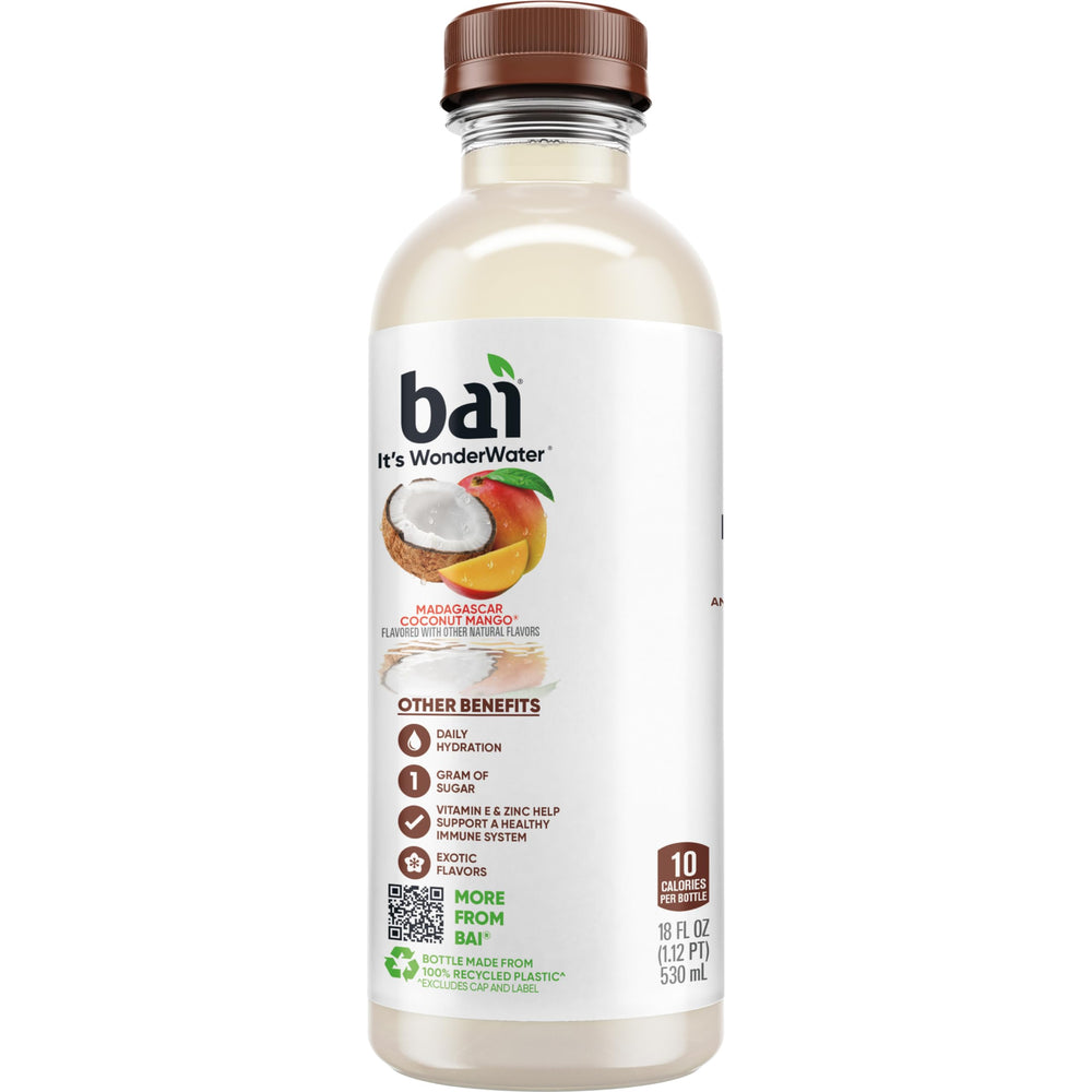 Bai Madagascar Coconut Mango bottle on a desk captures daily hydration.