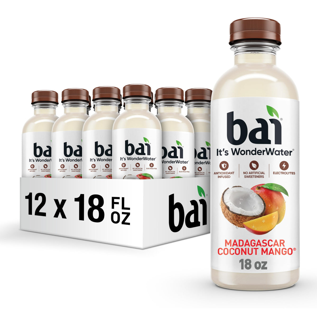 Bai Madagascar Coconut Mango bottle highlights tropical flavor and antioxidants.