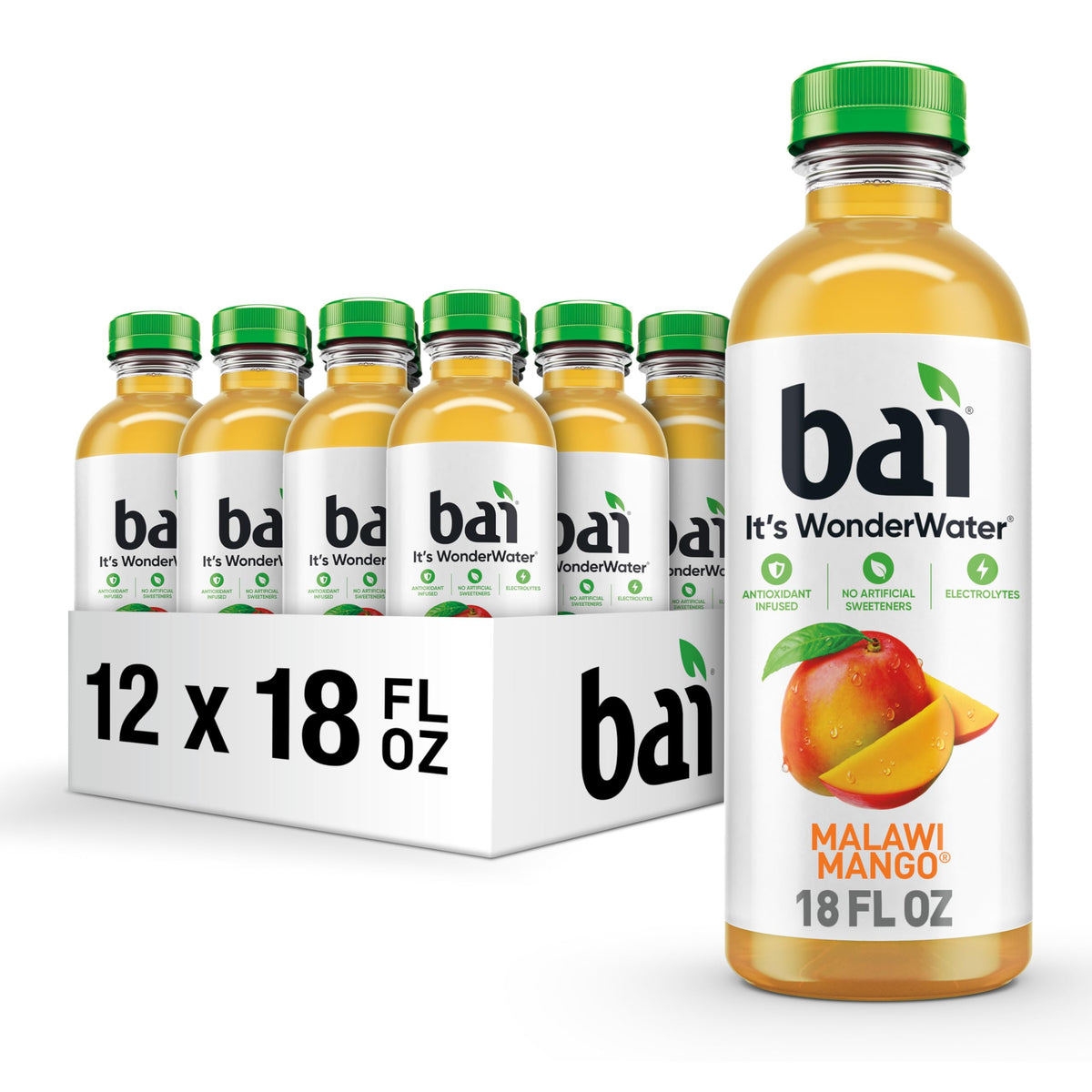 Bai Malawi Mango bottle front shows bold tropical flavor and WonderWater branding
