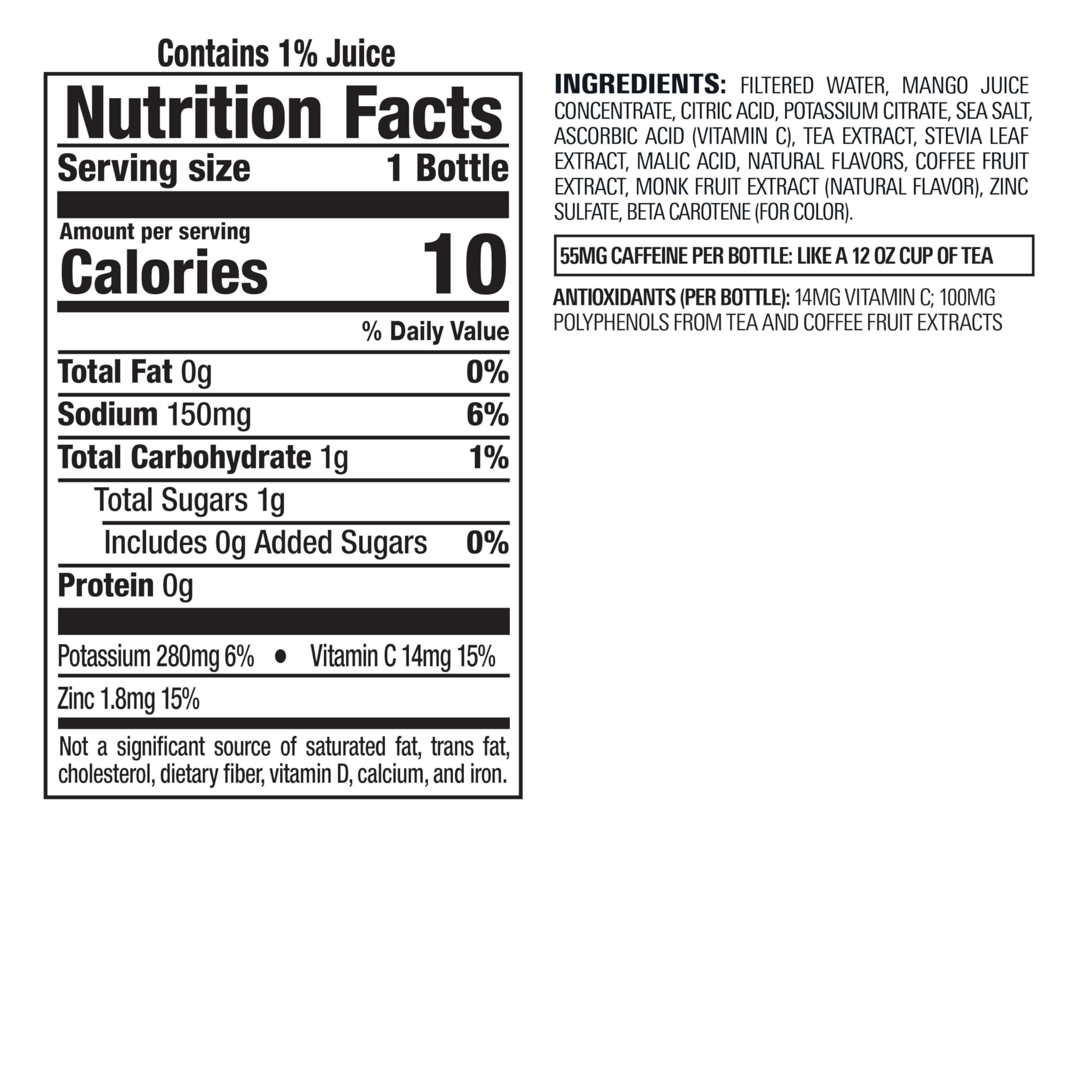 Bai Malawi Mango bottle label closeup highlights no artificial flavors or sweeteners