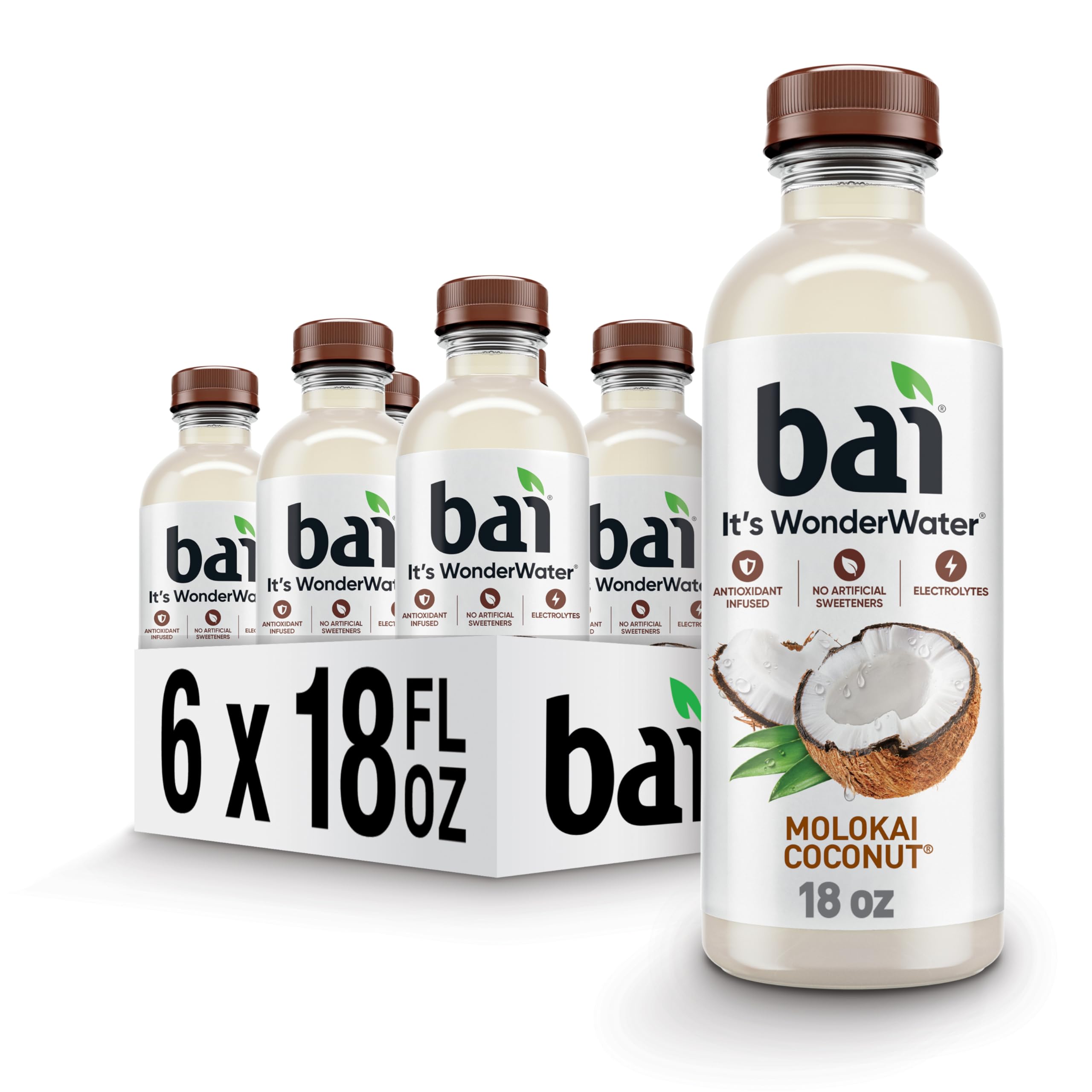 Bai Molokai Coconut bottle front with bold packaging and antioxidant infused hydration.