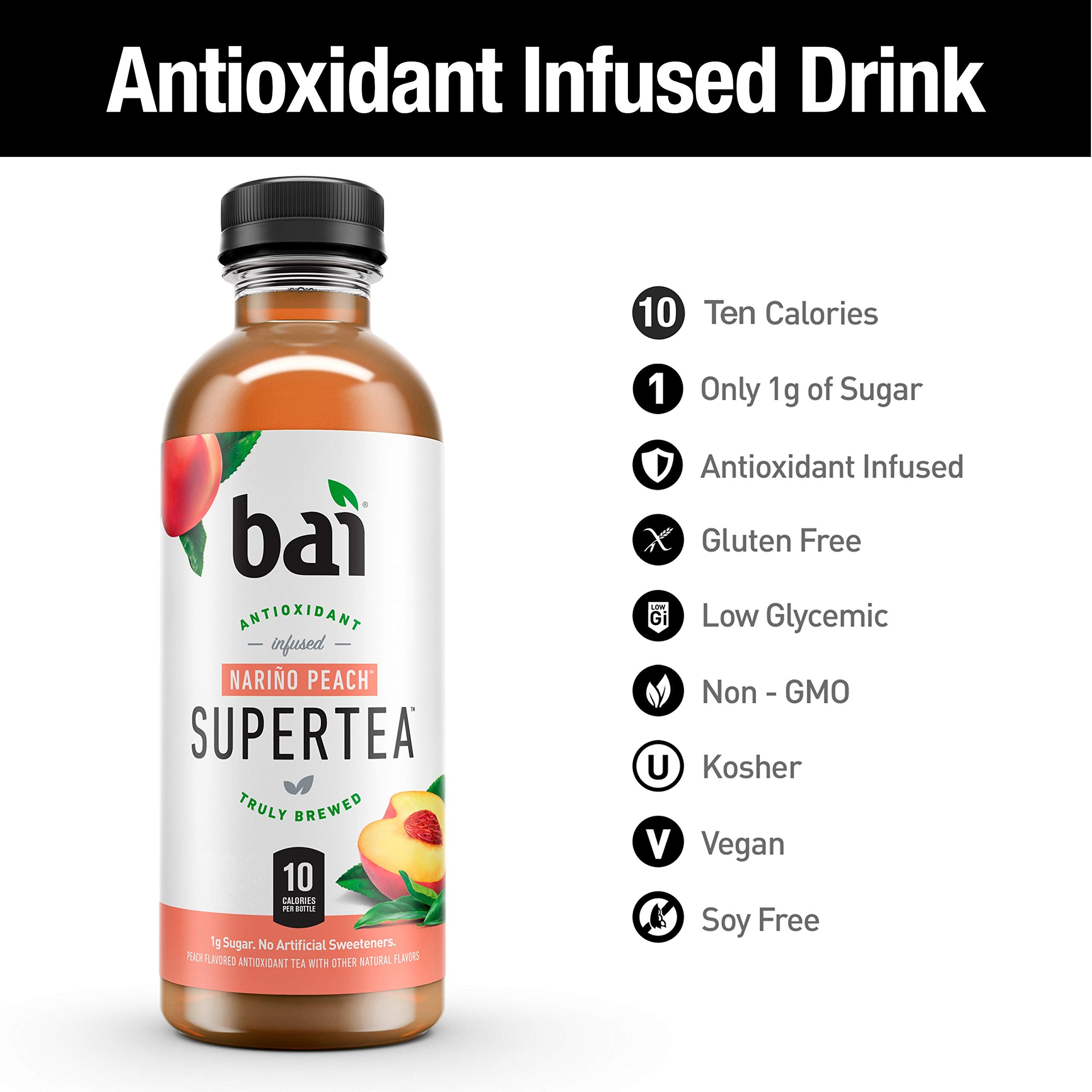 Bai Narino Peach Tea 18oz bottle ready for on-the-go refreshment.