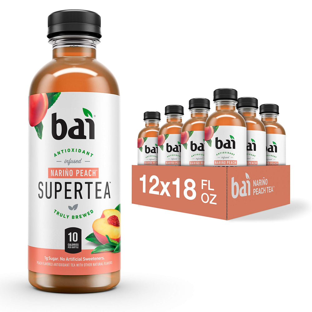 Bai Narino Peach Tea bottle highlights low calorie, real tea flavor in a convenient 18oz bottle.