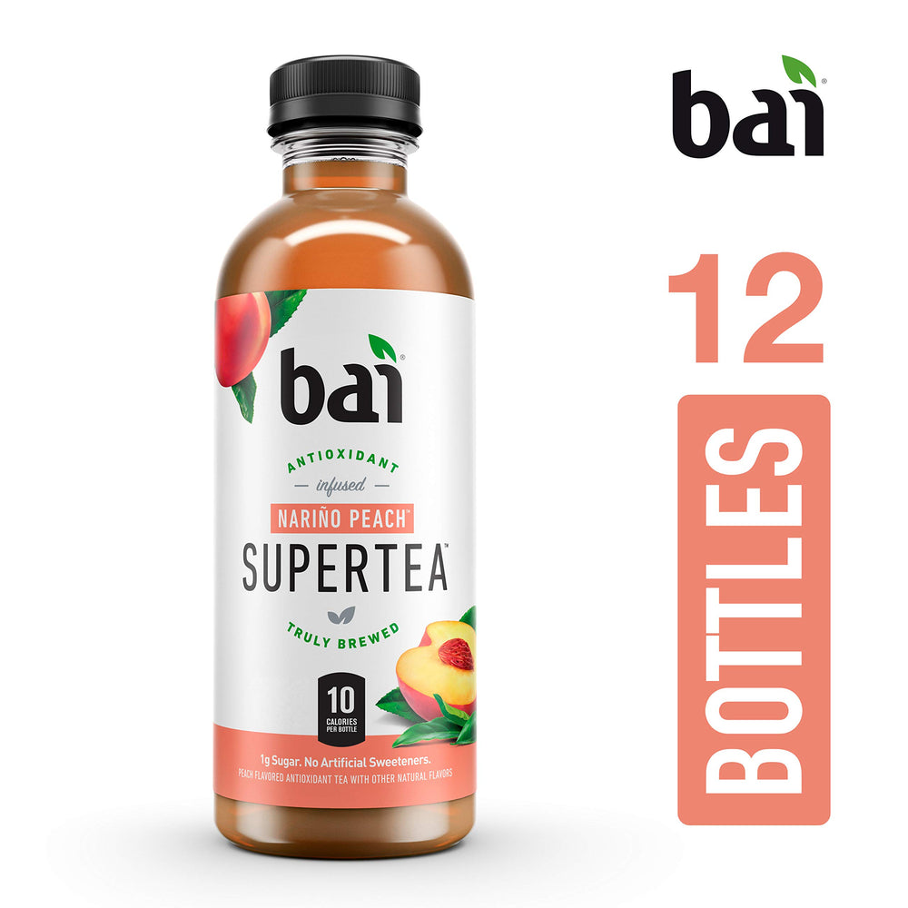 Bai Narino Peach Tea poured-over-ice presentation shows vibrant aroma and color.